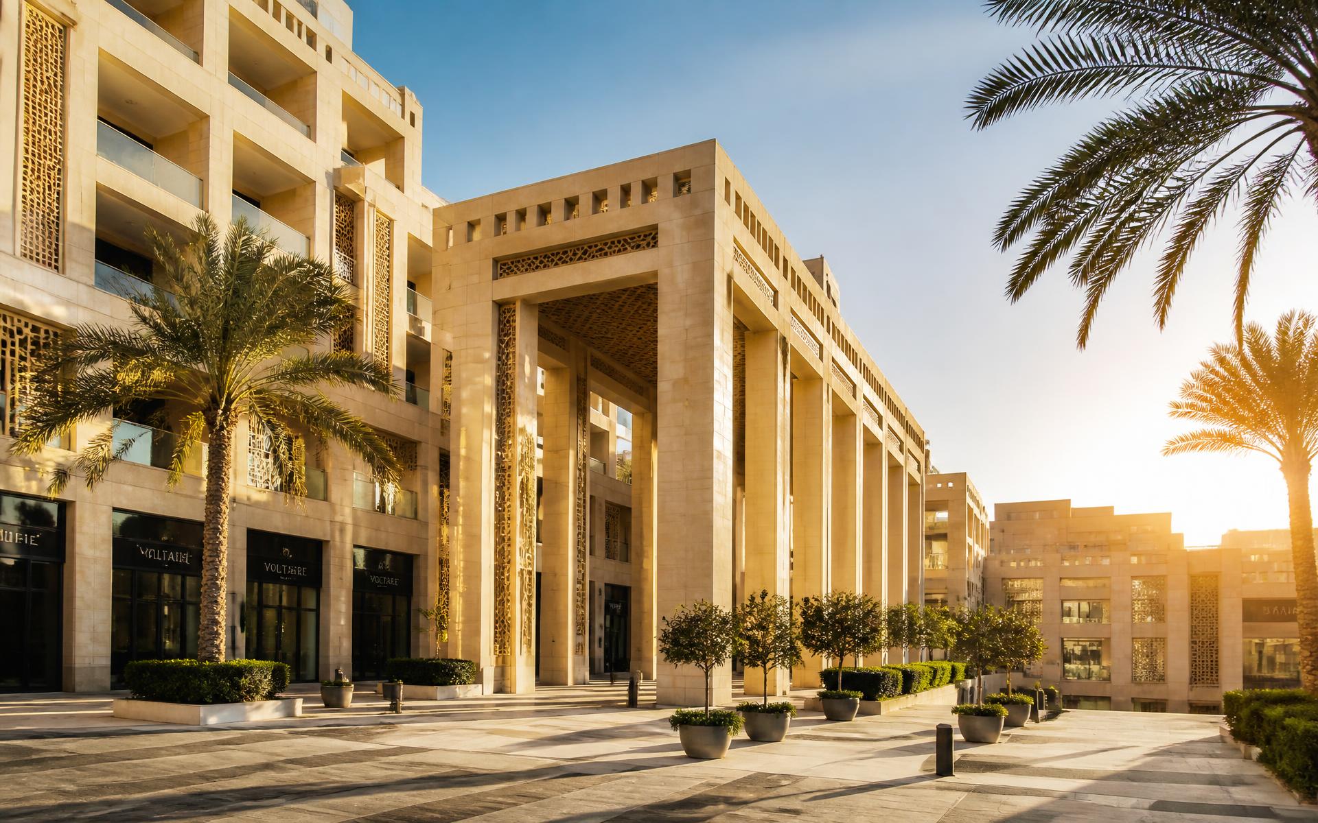 Sunlit contemporary Egyptian mixed-use development with shaded colonnades