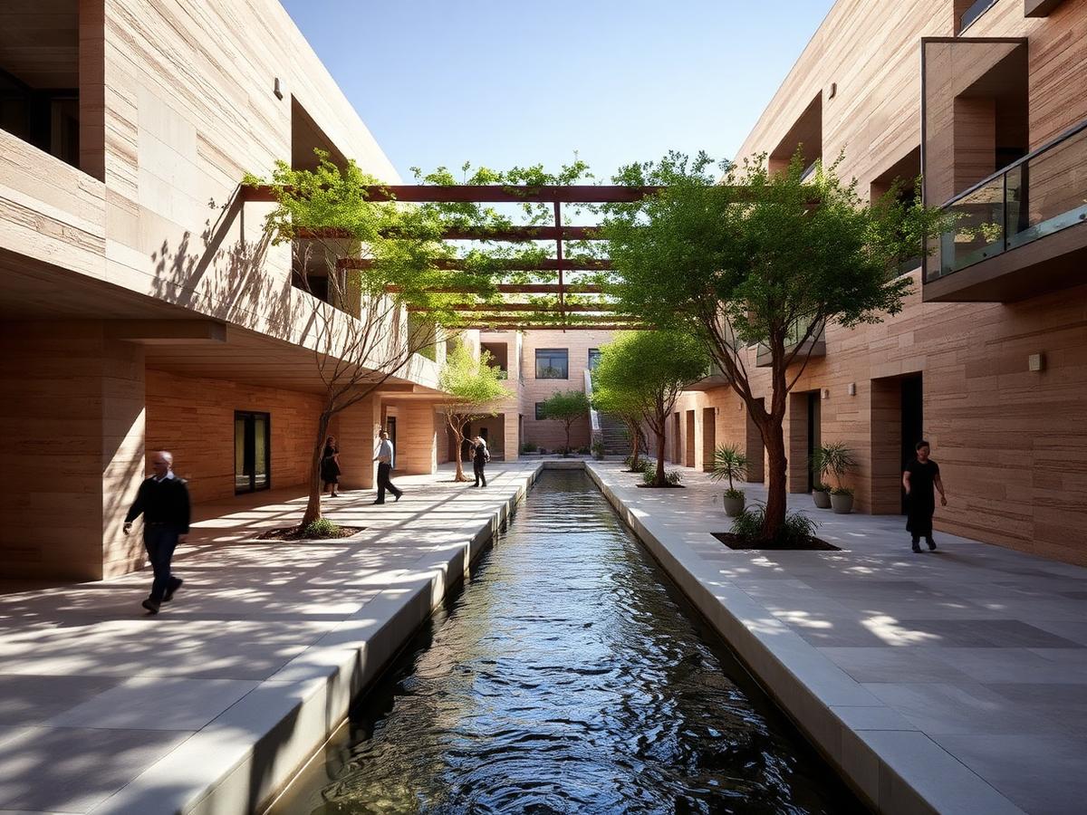 Shaded courtyard with water channel in a modern Egyptian development
